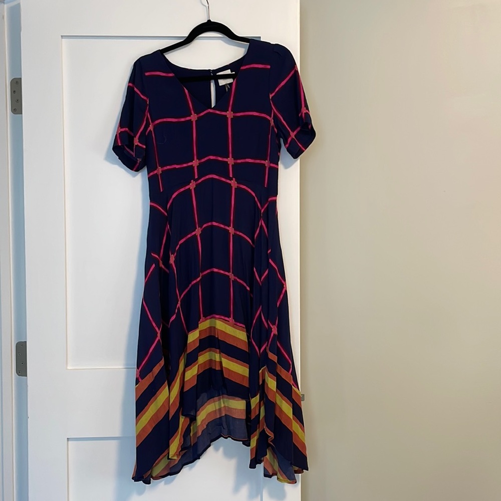 Handkerchief Dress from anthropologie with modern print v-neck and keyhole back